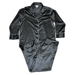 Natori  Black Satin Pajama Set Button Down Long Sleeve/Pants White Piping Medium Photo 1