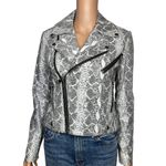 Alice + Olivia Lambleather Snake Print Moto Jacket Size Small Cropped Black White Photo 2