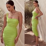 House Of CB  'Nia Acid like Green neon Ruched Midi Dress asymmetrical size L NWOT Photo 1