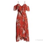 WAYF  Red Floral Print Chiffon Midi‎ Dress Ruffle Off The Shoulder Size Small New Photo 11