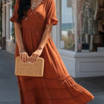 Polagram BOGO  Smocked Crossover Wrap Chest Midi Dress in Brown Size Small Photo 0