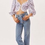 For Love & Lemons Dahlia White Blue Purple Stripe Floral Tie Front Crop Top XS Photo 3