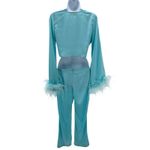 White Fox Boutique White Fox Satin Feather Trim Lounge Set Blue‎ Tie Front Top Pants Small Y2K Glam Photo 2