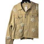 POL NWT  Womens Medium Beige Cropped Denim Jacket Pocket Pearl Flower Raw Hem Photo 1