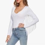 American Trends White Fringe Trim V Neck Long Sleeve Bodysuit Cowgirl Jumpsuit L Size L Photo 6