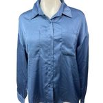 VICI Women's Blue Silk Satin Button Down Collar Long Sleeve Shirt Blouse Top S Photo 0