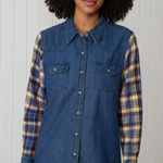 Country Store Cotton blend Denim Shirt with Plaid Sleeves Size 1X Blue Photo 0