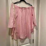 Just Quella  Pink Stripe Flowy Short Sleeve Bow Off the Shoulder Blouse Size L Photo 4