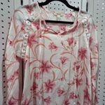 Como Blu Womens White Pink Floral Lace Trim Tie Neck Long Sleeve Blouse Rayon S Photo 2