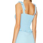 Amanda Uprichard  Gaia Dress in Pacific Blue Smocked Midi Tie Shoulder Ruffle Hem Photo 2