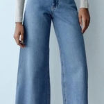 ZARA  High Rise Marine Wide Straight Leg Jeans Blue 4 Photo 0