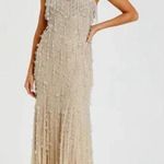 Mac Duggal  10101 Nude Silver V-Neck Column Gown with Fringe Embellishments sz 2 Photo 0