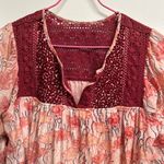 Floral Silk Blend Peasant Blouse with Lace Detail Red Size M Photo 1