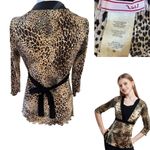 Y2K LEOPARD KRINKLE BOW RIBBON TIE 2000'S VINTAGE BLOUSE TOP MEDIUM‎ Brown Photo 3