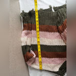 Wonderly  Distressed Striped V-Neck Sweater - Olive, Pink, Brown Photo 6
