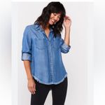 Cloth & Stone  Chambray Blue Button Down Shirt Frayed High Low Hem Medium Cottage Photo 6