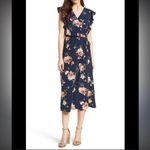 Soprano  Size Small Navy Blue Floral Print Wrap Midi Dress Photo 0