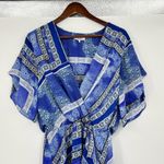 Parker Dominica Olympos Blue Faux Wrap Midi Dress short sleeve flowy Size large Photo 8