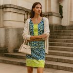 Adrianna Papell Dress Women 12 Sheath Neon Yellow Navy Ikat Print Summer Party Photo 0