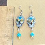 Sugar Skull Seafoam Green Mint Green & Yellow Colored Beaded Dangle Earrings Photo 3