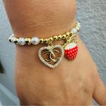 Gold and White Pearl Bracelet with Heart and Strawberry Charms Adjustable Photo 7