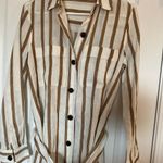 ZARA boho cream tan striped linen buttoned belted collared shirt midi dress XS Photo 3