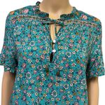 Sunday Up Teal Floral Short Sleeve Half Button Tie Neckline Dress Womens Medium Blue Photo 4