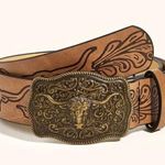 Western Bull Buckle Unisex Belt Vintage Style Embossed Brown PU Leather Belt Classic Cowboy Cowgirl Jeans Pants Belts For Women & Men Faux Fashion Accessories Photo 0