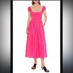 NWT LA LIGNE Vivian Smock Bodice Cap Sleeve Cotton Midi Dress Hot Pink sz S Photo 1