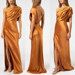 Michelle Mason Asymmetrical Open Back Draped Gown in Copper Photo 2