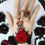 Vintage‎ Style Red Rose Design Bracelet Ring Integrated Gothic Mitten Bracelet Black Photo 0
