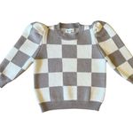 &merci & Merci Cream & Brown Checkered Puff Sleeve Sweater 3/4 Sleeve Size Small Photo 0