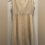 Beige Cream & Silver Glittery Art Deco Patterned Overlay Sleeveless Dress Photo 4