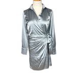Lulus NWOT  Women's M Painterly Perfection Slate Blue Satin Wrap Mini Dress Party Photo 2