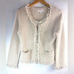 Roz & Ali  M Tweed Fringe Knit Look Crystal Button Lightweight Preppy Jacket Photo 8