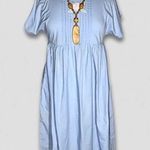Vintage 90s Honors Peasant Midi Dress Embroidered Floral Cotton Baby Blue Large Photo 0
