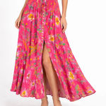 Boho Floral Maxi Skirt XS Smocked Waist Button Front Festival Cottagecore Boho Pink Photo 0