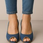 A J Valenci Peep Toe Denim Wedge Pumps Blue Gold Trim Size 9W – EUC Photo 1