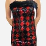 Black & Red festive holiday diamond sequins mini dress with faux fur trim small Photo 0