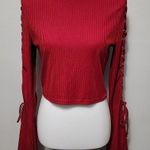Tea & Cup  Crimson Ribbed Lace Up Bell Sleeve Cropped Mockneck Top Size Large Photo 1