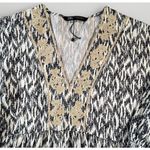 ZARA Boho Tunic Top Dress S Black Cream Ikat Print Crochet Embroidered V Neck Photo 1
