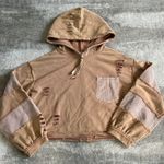 POL  Hoodie Sweatshirt Womens Medium Peach Tan Oversized Crop Boho Ripped Photo 0
