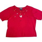 Vintage 90s Artsy 3D Poodle Dog Beaded Embroidered Short Sleeve Red Knit Top Size L Photo 0