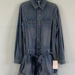 Free People NWT Rivet Chambray Belted Long Sleeve Blue Romper Photo 2