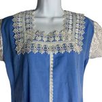 Handmade Vintage 70s  Maxi Dress L Blue Eyelet Lace Sleeves Square Neck Boho Photo 1