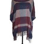Johnston & Murphy Plaid Wine Red Blue Gray Poncho Cowl Neck w/ Fringe One Size Photo 1