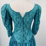 Vintage 80s Lace Satin Fit & Flare Midi Dress Puff Sleeve Rosette Teal Womens 0 Blue Photo 8