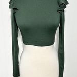 Women's Mock Neck Long Sleeve Ruffles Shoulder Crop Top Olive Green Size Small Photo 0