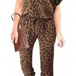 Anrabess Jumpsuit Sleeveless Animal‎ Print Stretch Pockets Drawstring Large NWT Black Photo 0