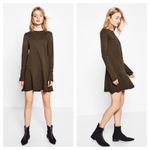 ZARA  Olive Green Mini Dress Size Medium Long Sleeve Drop Waist Shift 100% Cotton Photo 1